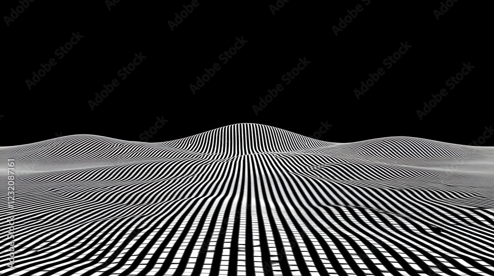 Poster abstract monochrome landscape with undulating lines and patterns creating a sense of depth and movem