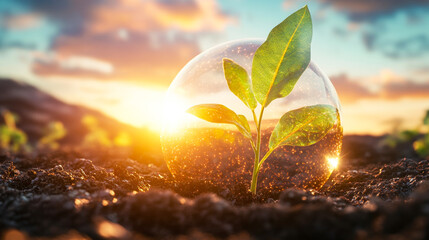 Young green sprouting plant glowing with energy in a translucent light sphere against a sunrise background