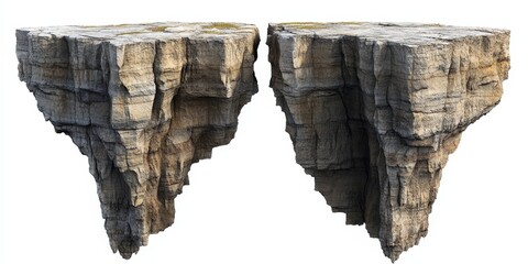 Two isolated floating rock islands, 3D render.