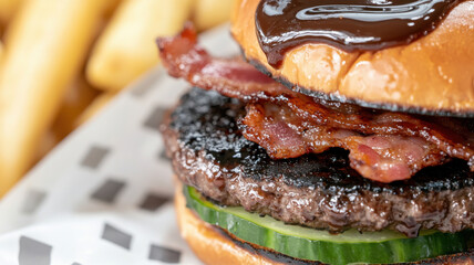 delicious double patty burger with crispy bacon and cucumber, topped with rich sauce, perfect for food lovers