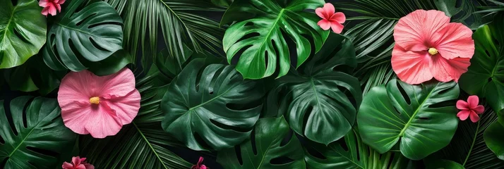 Fototapete Rund Lush Tropical Background With Jungle Monstera And Palm Leaves, Adorned With Vibrant Pink Flowers © Ilja