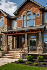 Obraz premium Luxury House Exterior: Modern Stone and Wood Design. Elegant Facade, Spacious Porch, and Landscaped Entrance. Dream Home Architecture.