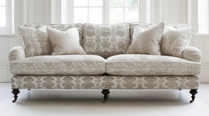 Modern Damask Sofa Enhances Minimalist Aesthetic in Bright, Spacious Room With Clean Lines and Natural Light