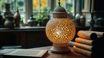 Ornate Metal Lantern Illuminating Books on Wooden Table