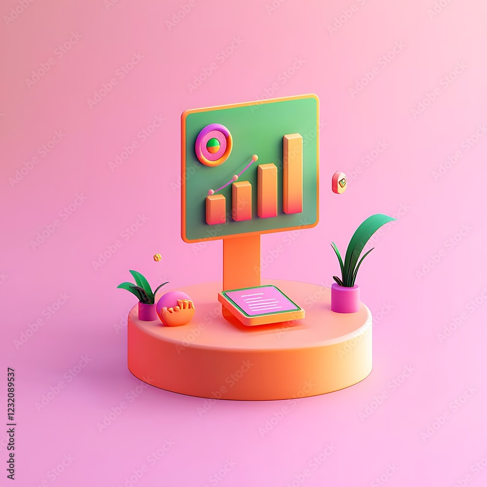 Poster 3d render of business analytics display with growth chart and document