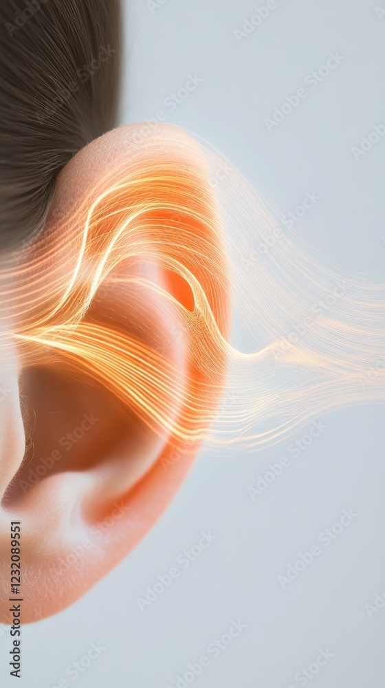 Poster orange sound waves are flowing into a human ear, illustrating the process of hearing and auditory pe
