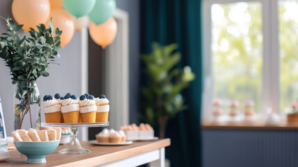 Delightful baby shower setup featuring yellow and grey decor, cupcakes, and balloons, creating joyful atmosphere