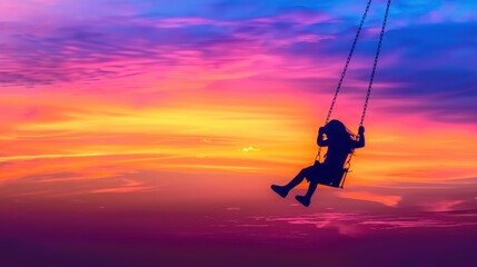 Child Enjoys Swinging During a Breathtaking Sunset With Colorful Skies Filled With Vibrant Hues