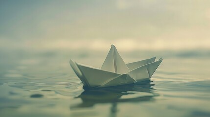 Obraz premium Close-up of a Paper Boat Showcasing Intricate Folds and Delicate Craftsmanship on Serene Water