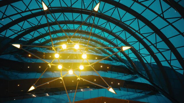 Cinematic futuristic sci fi chandelier in a glass building.