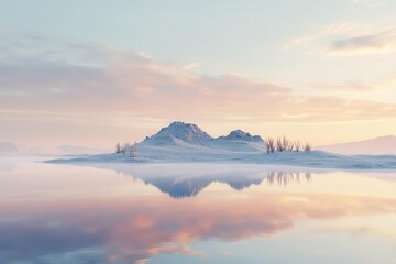 Fototapeta premium ethereal salt flat landscape at dawn, crystalline surface reflecting sky, ancient cactus islands rising from white expanse, otherworldly atmosphere
