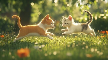 Fototapeta premium Kittens playing leapfrog in sunny garden, bokeh background, pet adoption