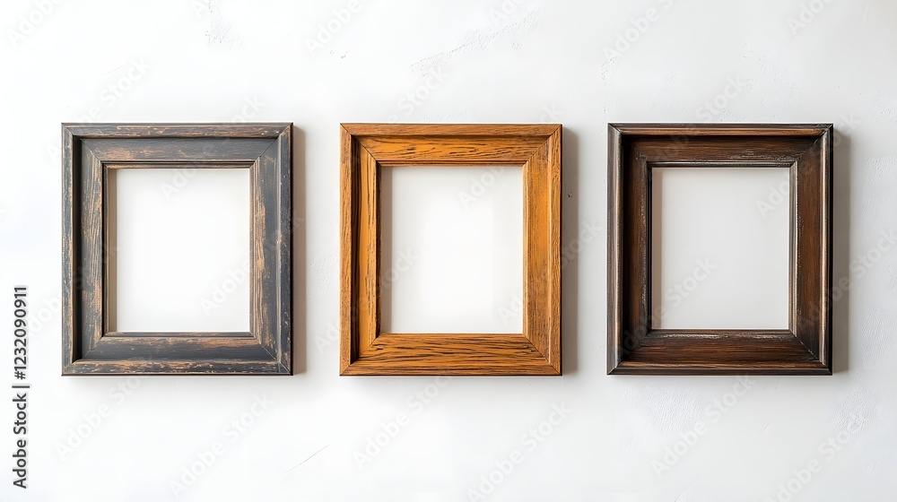 Poster vintage rustic wooden picture frames in different shapes and sizes arranged on a white wall providin