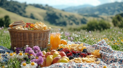 A cozy picnic spot with wicker baskets filled with delicious food set on a checkered blanket in a sunny meadow. generative ai