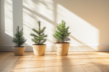 Three potted fir trees of varying sizes sit on a light wood floor in sunlight against a white wall.