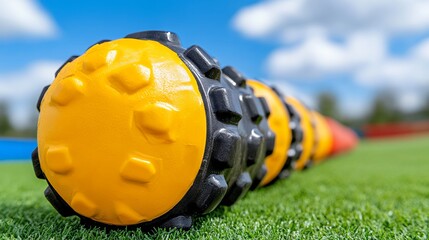 Vibrant Cylinders on a Lush Green Field Under a Sunny Sky