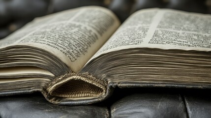 Fototapeta premium Close up view of an antique book with aged, yellowed pages, open to reveal detailed text and worn edges. The book rests on a dark, textured surface
