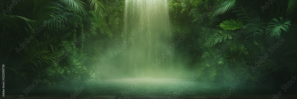 Poster Lush tropical foliage frames a mesmerizing waterfall cascading into a serene pool, creating a tranquil oasis in the heart of the jungle, with mist and fog adding a touch of mystery