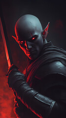Naklejka premium A dark elf assassin, with glowing red eyes and a blade made of shadow, preparing to infiltrate a royal castle.