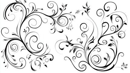 Black and white illustration of swirling floral designs, intricate details, elegant curves, vintage style, decorative elements, botanical motifs