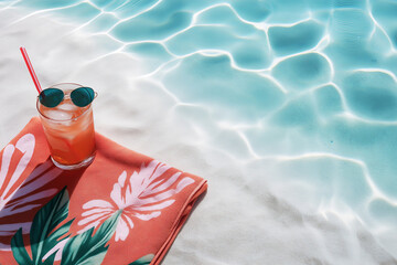 A beach umbrella and towel on white sand, with a tropical drink and sunglasses, summer vacation vibes