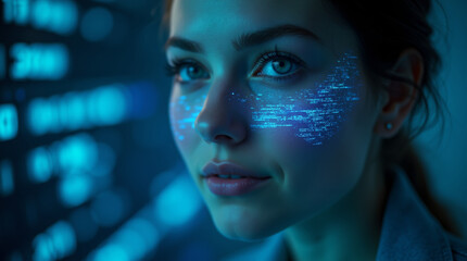 A woman's face with a glowing stream of digital data