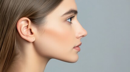 Fototapeta premium Profile view of a young woman breathing easily, highlighting her perfectly shaped nose after rhinoplasty surgery, embodying the essence of beauty and cosmetology