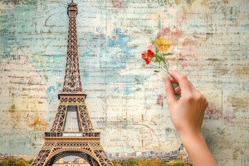 Eiffel Tower and Hand Holding Flowers with Artistic Background