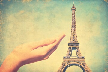 Surreal Eiffel Tower Perspective with Hand