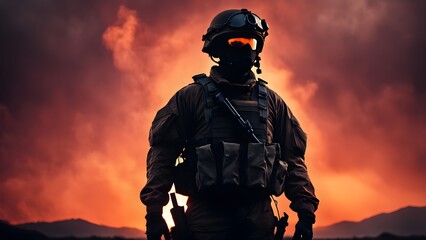 Naklejka premium Silhouette of a soldier in full combat gear, standing against a dramatic sunset sky.