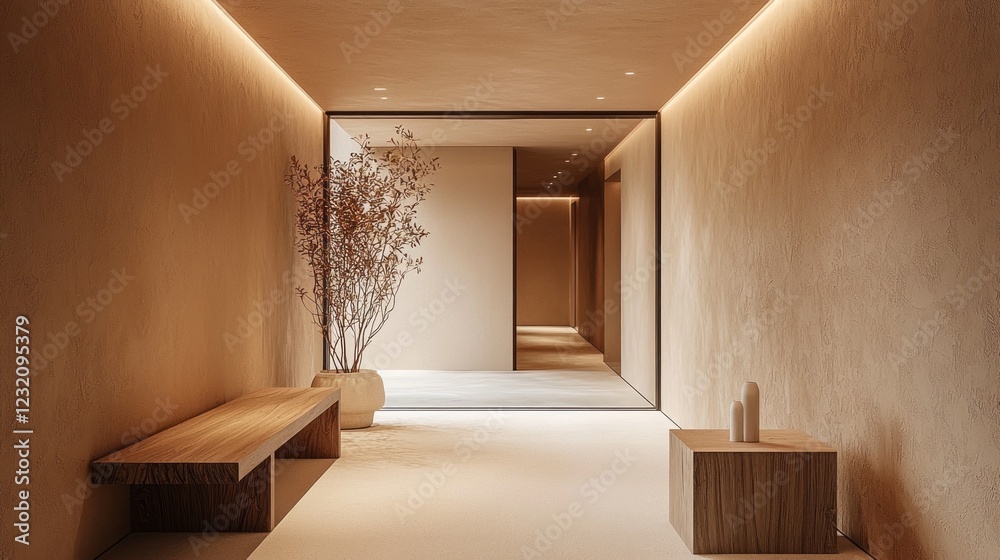 Poster soft beige tones envelop a minimalist hallway, highlighted by mocha mousse hues. natural light refle