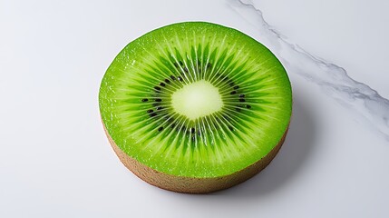 Vibrant Green Kiwi Fruit Slice on Marble Background A Detailed Close Up