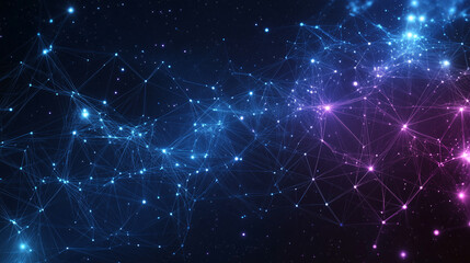 Abstract Futuristic Digital Network Background with Glowing Blue and Purple Connections, Technology, Data Visualization, and Space Design