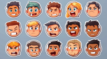 Set of square monster face for player avatar in game. Cartoon emotion expression on stickers in vector. Funny alien character clipart collection with happy, angry and upset or sad mood, eyes and brows