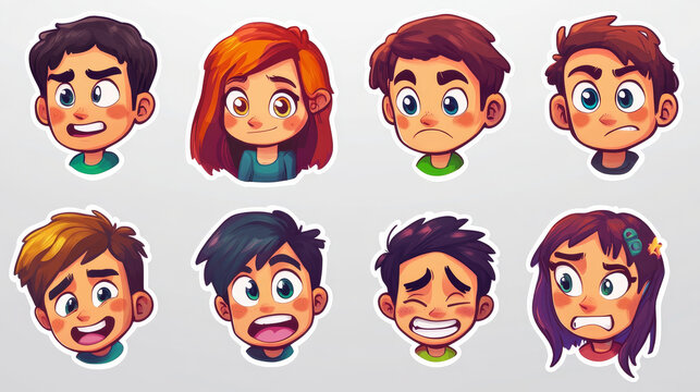 Set of square monster face for player avatar in game. Cartoon emotion expression on stickers in vector. Funny alien character clipart collection with happy, angry and upset or sad mood, eyes and brows