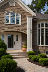 Obraz premium Luxury Home Exterior: Modern Stone and Brick Facade with Landscaped Entrance
