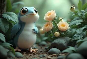Adorable Blue Creature in a Whimsical Garden: A 3D Rendered Illustration