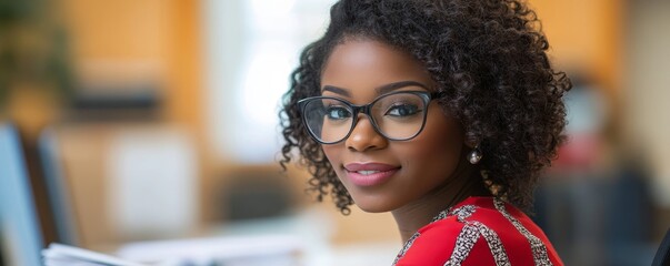 Fototapeta premium a young professional woman with curly hair looking at the camera with a confident smile, she's wearing a red blouse and glasses