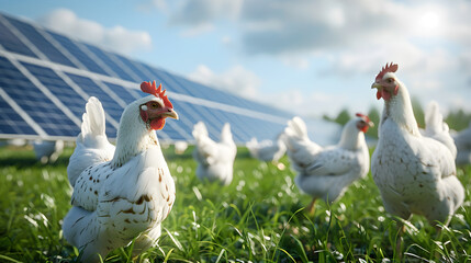Fototapeta premium Free-Range Chickens Grazing on Sustainable Farm with Solar Panels in Background