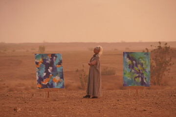 Abstract Art Exhibition in Desert at Sunset
