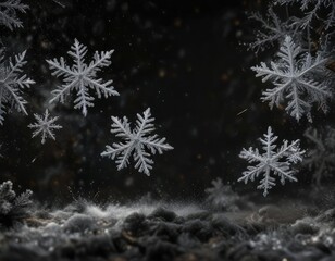Fluffy snowflakes falling softly on black background, winter wonderland, magical scene, festive setting