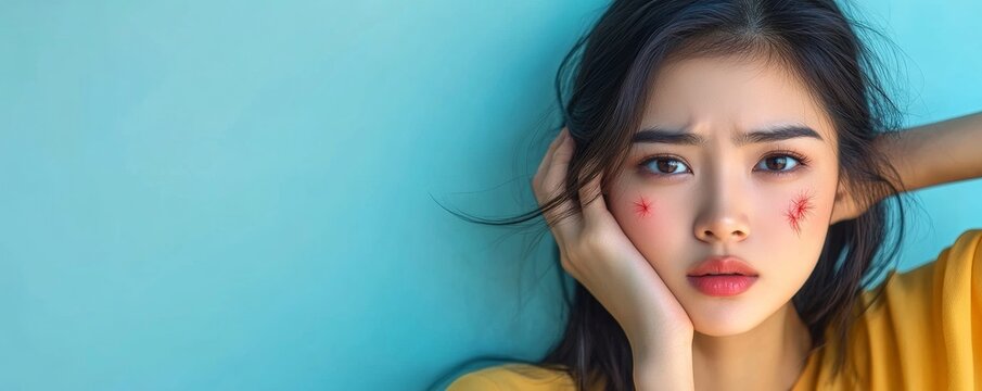 Dermatology, asian young woman reaction from atopic, insect bites on her arm, hand in scratching itchy red spot or rash of skin. Healthcare, treatment