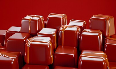 Fototapeta premium Caramel candies, red background, glossy cubes, dripping, dessert