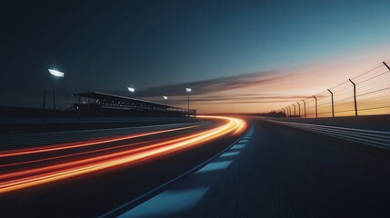 Fototapeta premium Sunset race track, speeding car light trails, night race