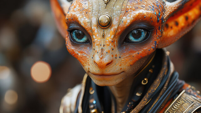 A hyper-realistic fantasy illustration of an Egyptian-inspired alien with gold-accented patterns, ornate armor, detailed eyes, and long ears, set against elegant script and vibrant colors.