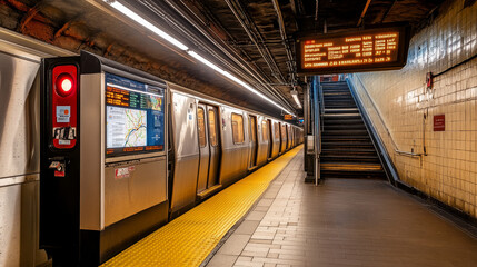 Metro station, arriving train to empty subway platform from underground tunnel. Vector cartoon illustration of subway interior with ticket vending machine, seats, map and stairs