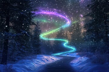 ethereal winter forest path illuminated by swirling aurora borealis, snow-laden pine trees, starlit sky with vibrant green and purple ribbons dancing overhead