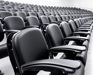 A row of elegant black chairs arranged in a modern auditorium, perfect for events, lectures, or presentations.
