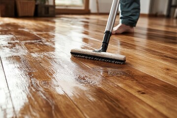 Housekeeper mopping the laminate wooden floor and cleaning dust during chores daily routine