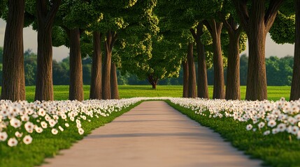 Obraz premium Serene Pathway Through Lush Green Trees and Blooms in Vibrant Landscape